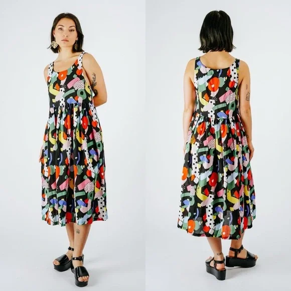 Nooworks Naomi Dress Party Print Rayon Midi Multicolor Small EUC - Picture 8 of 9
